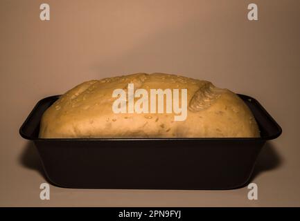 Hausgemachtes Hefebrot aus Weißmehl in einer quadratischen Auflaufform. Der Brotteig ist aufgewachsen, der Brotteig ist bereit zum Backen. Welt hausgemachte Speisen Stockfoto