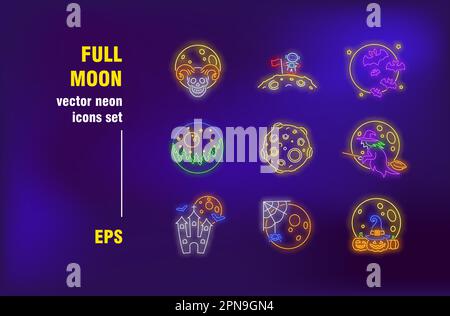 Vollmond-Neon-Zeichen gesetzt Stock Vektor