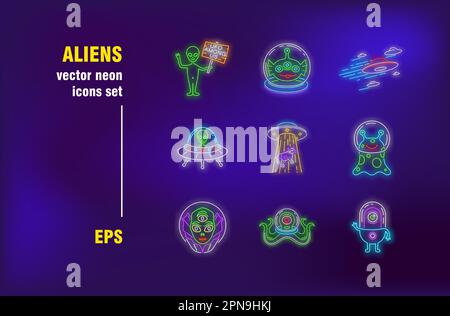 Aliens Neonzeichen gesetzt Stock Vektor