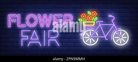 Blumenmärchen Neon Text, Fahrrad mit Blumen auf Gepäckträger Stock Vektor