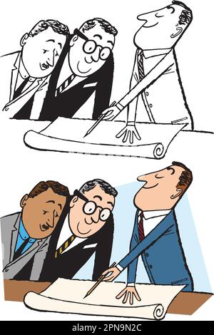 Ein klassischer Retro-Cartoon eines Geschäftsmannes, der seinen Kollegen in ihrem Büro eine Präsentation präsentiert. Stock Vektor