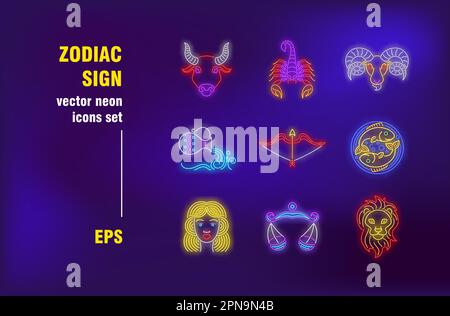 Zodiac-Zeichensammlung im Neonstil Stock Vektor