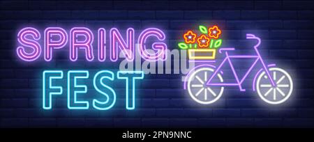 Frühlingsfest Neontext, Fahrrad mit Blumen auf Gepäckträger Stock Vektor