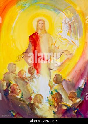 Christus in Herrlichkeit und Heiliger Geist, der auf Apostel herabsteigt, in Form einer Taube und Zungen aus Feuer. Kapelle in Majčino Selo (Mutterdorf). Stockfoto