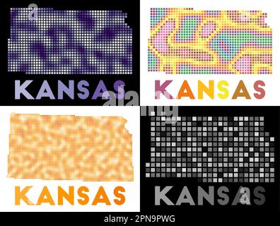 Kansas Karte. Kartensammlung von Kansas in gepunktetem Stil. Rahmen des US-Bundesstaates gefüllt mit Rechtecken für Ihr Design. Vektordarstellung. Stock Vektor