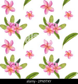 Nahtloses Muster mit wässrigen tropischen Blumen, Blättern und Pflanzen. Handbemalter Dschungelparadies Hintergrund perfekt für Textilien und Sammelalben Stockfoto