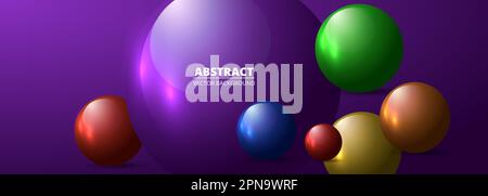 Mehrfarbiger realistischer Vektor 3D Kugeln und Kugeln auf breitem violettem Hintergrund. Abstrakte, moderne Banner geometrische dreidimensionale Vektordarstellung Stock Vektor
