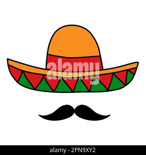 Mexikanischer Hut Sombrero mit Schnurrbart, Kritzelstil-Vektorbild Stock Vektor