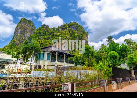 Palmen und Bungalows Häuser in der Nähe der Klippen am Ao Phra Nang Beach, Railay East Ao Nang, Krabi, Thailand. Stockfoto