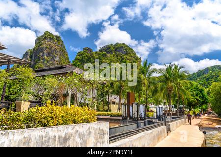 Palmen und Bungalows Häuser in der Nähe der Klippen am Ao Phra Nang Beach, Railay East Ao Nang, Krabi, Thailand. Stockfoto