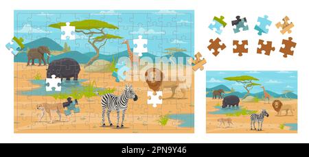 afrikanische Savannah-Cartoon-Tiere. Puzzle-Puzzle-Spielteile. Vektorarbeitsblatt für Kinder zur gemeinsamen Aktivität mit Giraffen, Zebras, Elefanten, Löwen, Geparden Stock Vektor