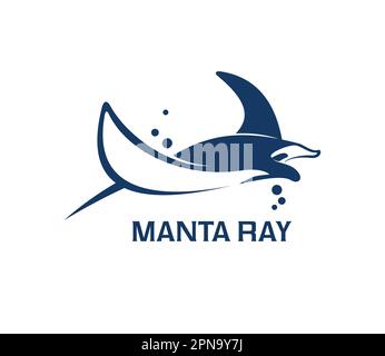 Mantarochen-Tiersymbol, Stachelrochen oder Stechfische im Meer oder im Meer, vektorblaue Silhouette. Unterwasser Mantarochen kreatives Emblem, Gesellschaft oder b Stock Vektor