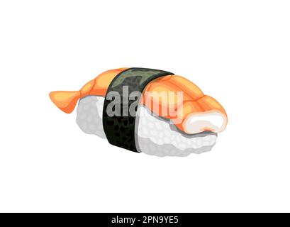 Cartoon Shrimp Sushi, japanische Vektorküche, Meeresfrüchte-Restaurant oder Sushi-Bar zum Mitnehmen. EBI Nigiri aus Reis, Garnelen und Nori-Algen, ta Stock Vektor