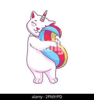 Süße, lustige Cartoon-Caticorn-Figur, die ihren Regenbogenschwanz umarmt. Einhornkatze oder Kätzchen Tiervektor mit Einhornhorn und süßem, lächelndem Gesicht. Stock Vektor