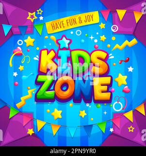 Hintergrund der Kinderzone, Spielbereich und Spielbereich, Vektorbanner mit Zeichentricktext. Kinderzone oder Spielplatzzimmer und Kinderparkschild für Baby birt Stock Vektor