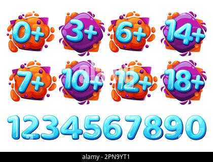 Zeichentrickfilme mit Altersbeschränkung für Kinder, Altersbeschränkung für Kinder, Spieletiketten für Kinder, Vektorzeichen. Babyspielzeug geeignete Symbole zur Altersbeschränkung für Kinder und Jugendliche Stock Vektor