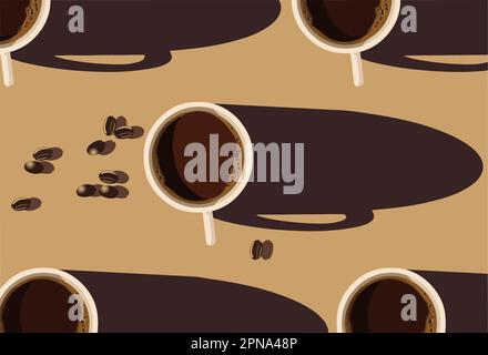 Kaffee in einer Tasse und Kaffeebohnen sind im Morgensonnenlicht zu sehen, das lange Schatten in einem Vektorbild des Morgenkaffees wirft. Stock Vektor