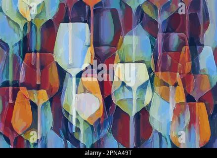 Weingläser werden in einem bunten abstrakten Hintergrundvektorbild dargestellt. Stock Vektor