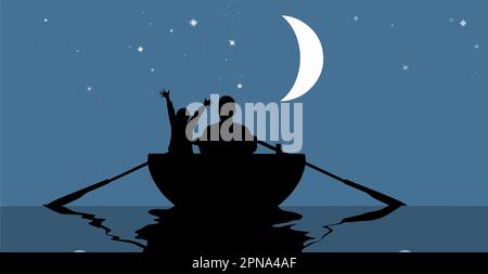 Ein Vater und ein Sohn werden in einem Ruderboot bei Nacht unter dem Mond und Sterne in einer Vektordarstellung gesehen. Stock Vektor
