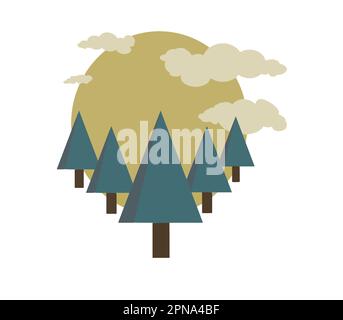 Kiefern, Sonne und Wolken in einem Grafikdesign werden als Vektorbild betrachtet, das kompakt und ordentlich ist wie ein Symbol oder Abzeichen. Stock Vektor
