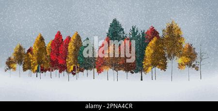 Im Frühherbst fällt auf farbenfrohe Herbstbäume in einem Vektorbild Schnee. Stock Vektor