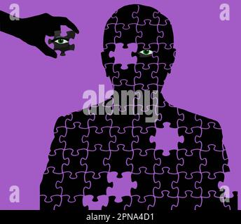 Ein Mann, der ein Puzzle ist, hat ein fehlendes Auge, das zurückgebracht und in einem Bild über Augengesundheit platziert werden soll. Es handelt sich um eine Vektorgrafik. Stock Vektor