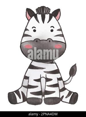 Zebra . Aquarelle Farbgestaltung. Niedlicher Tierkarikaturencharakter. Sitzposition. Vector . Stock Vektor