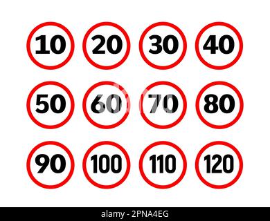 Symbole für Geschwindigkeitsbegrenzungszeichen. Verkehrspiktogramm 20 30 km Geschwindigkeitsbegrenzungsschild. Stock Vektor