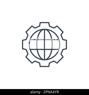 Symbol der weltweiten Gear Line. Vektorgetriebe Globe-Karte Abbildung Linie Erdungsnetzwerk Symbol. Stock Vektor
