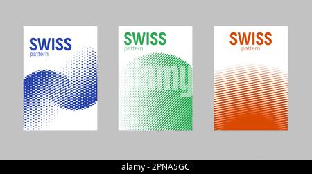 Schweizer Plakate mit kreisförmigem Grafikdruck. Rundes geometrisches Muster schweizer abstraktes Halbtondesign deckt Sonne ab. Stock Vektor