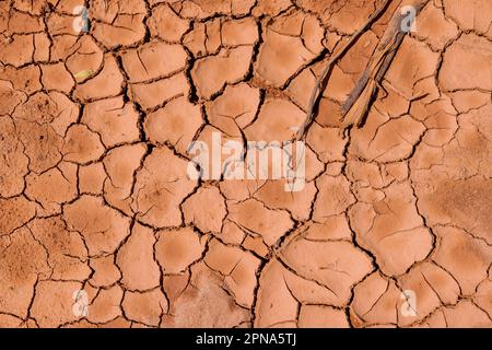 Nach langer Trockenzeit gibt es große Risse auf dem Boden. Stockfoto