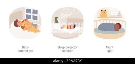Ein isoliertes Cartoon-Vektorbild-Set für Babys, die ins Bett gehen. Baby liegt mit weicher, warmer Spieluhr, Schlafprojektor-Spieluhr, Sternenlicht-Projektion, Musikspielzeug, beruhigender Nachtlicht-Vektor-Zeichentrickfilm. Stock Vektor