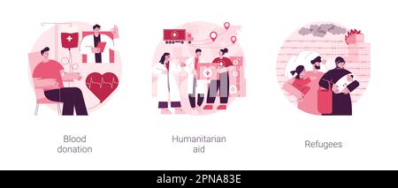 Humanitäre Hilfe abstraktes Konzept Vektorbildungs-Set. Blutspende, humanitäre Hilfe, Flüchtlinge, Transfusionszentrum, Grenzübertritt, Asylbewerber, Einwanderungslager abstrakte Metapher. Stock Vektor