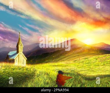 Fantasy Landschaften Ritterblick auf die Kirche auf dem Grass Field bei Sonnenaufgang. Wunderschöne Landschaft, Sonnenaufgang, Himmelshintergrund und Grasblumen in der Luft, Stockfoto