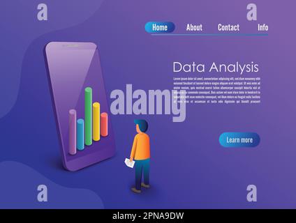 Anwendung von Smartphones mit Geschäftsgrafiken und Analysedaten auf isometrischen Mobiltelefonen. Analysetrends und Finanzstrategie mit Hilfe von infographi Stock Vektor