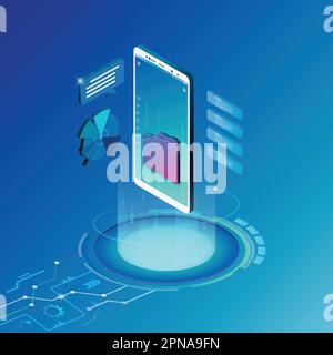Isometrische Illustrationen Designkonzept mobile Technologie Lösung Hintergrund und Infografik für Diagramm, Diagramm. Vektor-Illustrator. Stock Vektor