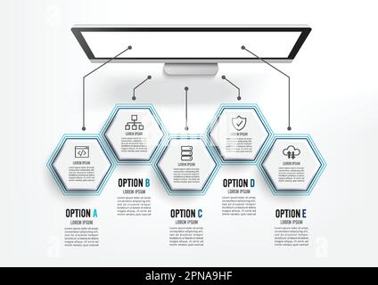 Realistischer Arbeitsplatz-Desktop. Schreibtisch mit Draufsicht, PC. INFOGRAFIKEN FÜR DIE IT-Branche. Stock Vektor