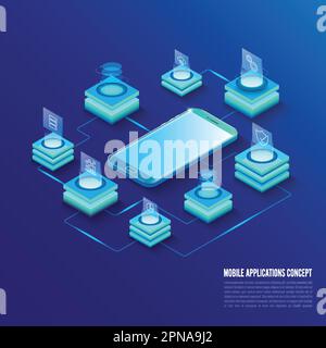 Konzept isometrischer mobiler Anwendungen. Entwicklung eines Konzepts für Programmierungs- und Codierungstechnologien. UX-Benutzeroberfläche und Benutzererfahrung. Stock Vektor