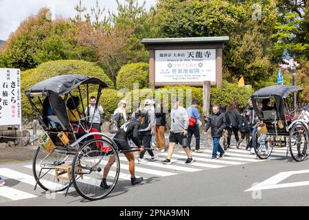 April 2023 Tenryu-Ji Tempeleingang in Arashiyama Kyoto, Fahrrad-Rikscha bietet Touristen eine Fahrt, Japan, Asien Stockfoto