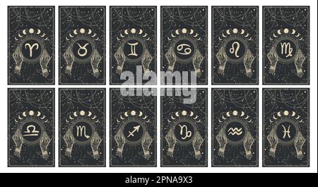Set mit 12 Zodiakkarten, Astrologie-Banner, goldene Handzeichnung auf schwarzem Hintergrund, Storys Hintergrund, Sammlung mystische Illustration von Horos Stock Vektor