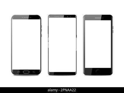 Neues, realistisches Smartphone in Schwarz im modernen Stil. Vector-Smartphone isoliert auf weißem Hintergrund. Gruppe von Vektormodellen. Stock Vektor