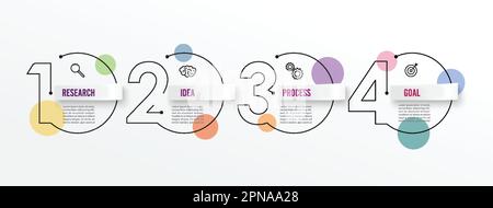 Dünne Infografik-Designvorlage mit Symbolen und 4 Optionen oder Schritten. Kann für Prozessdiagramme, Präsentationen, Workflow-Layout, Banner, Flo verwendet werden Stock Vektor