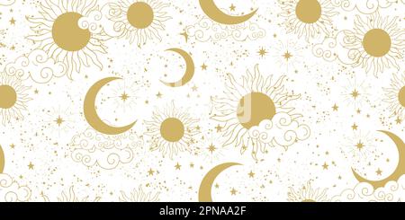 Nahtloses himmlisches goldenes Muster auf weißem Hintergrund, goldene Sonne und Mond mit Sternen. Astrologie-Ornament für Tarot, mystische Bo-Zeichnung für Zodien Stock Vektor