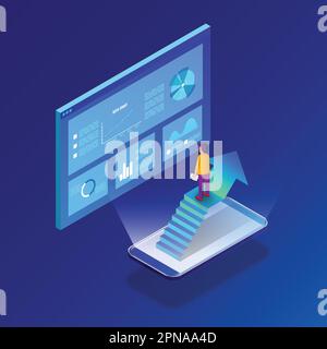 Geschäftsmann und Smartphone. Finanzieller Erfolg. Lösungen für Unternehmen suchen. Konzept und Planung. Management und Werbung. Webseite. Stock Vektor