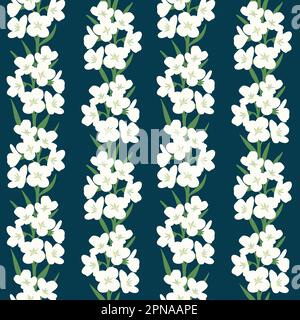 Handgezeichnetes nahtloses Muster mit weißen Kuckucksblumen in vertikaler Linie auf dunkelblauem marineblauem Hintergrund. Englische Wiesenwildblume, blumige Wildpflanze, elegantes viktorianisches Muster, Blütenbouguet blühendes Botany-Design Stockfoto