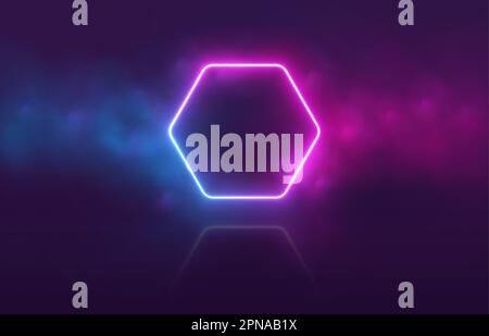 Neon-Sechseck mit Rauch, Gradienten-LED-Rand, Portal mit Dunstwolken. Stock Vektor