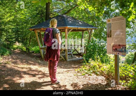 Wanderer schauen auf Brett neben dem hölzernen Pavillon im Wald, Sprollenhaeuser Hut, Bad Wildbad, Schwarzwald, Deutschland Stockfoto