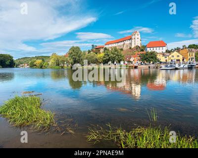 Blick über die Saale bis zur Burg und Stadt Wettin, dem Naturpark Lower Saale Valley, Wettin, Sachsen-Anhalt, Deutschland Stockfoto