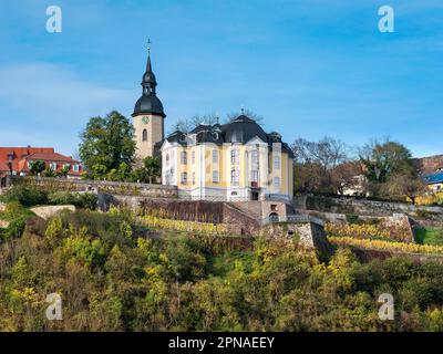 Dornburger Schlösser, Rokoko-Schloss und Kirchturm der Oberstadt, Saale-Tal, Dornburg-Camburg, Thüringen, Deutschland Stockfoto