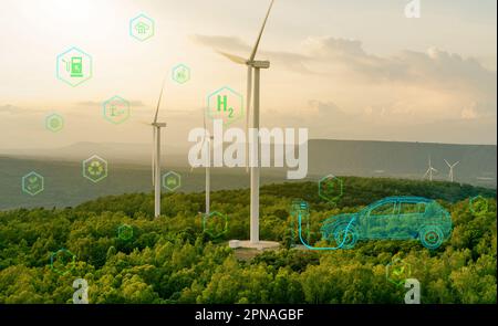 Erzeugung von grünem Wasserstoffgas im Windpark. Nachhaltige erneuerbare Energien. Betankung von Elektroautos H2 an der Wasserstofftankstelle. H2 Brennstoffzellenfahrzeug. Stockfoto